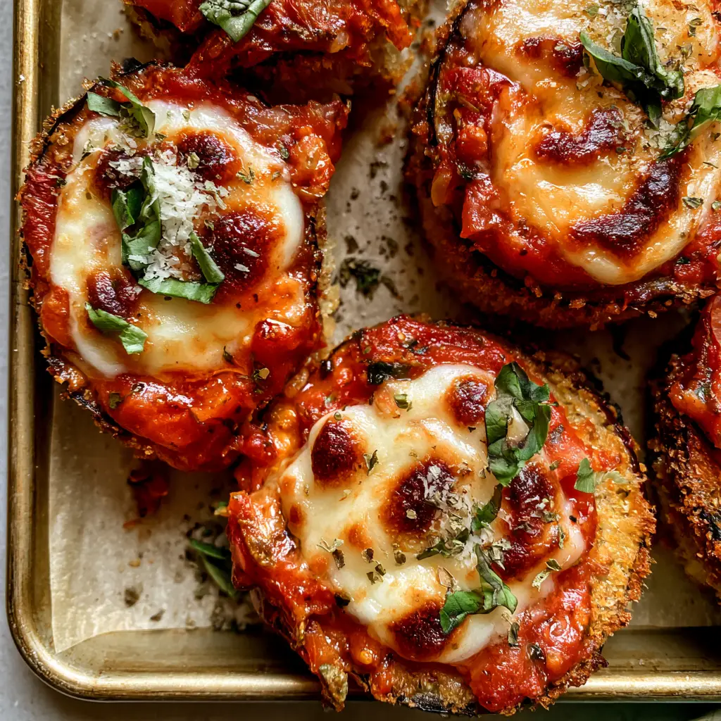 Baked Eggplant Parmesan with Crispy Panko and Bubbly Mozzarella 2 Close up shot of Baked Eggplant Parmesan showing craggy panko breading and vibrant red marinara sauce.