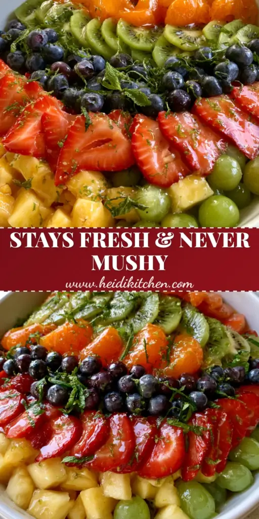 fruit salad recipes: The Ultimate Rainbow Honey-Lime Bowl 4 A tall Pinterest-style collage showing a vibrant bowl of rainbow fruit salad recipes with a glistening honey-lime glaze and mint garnish.