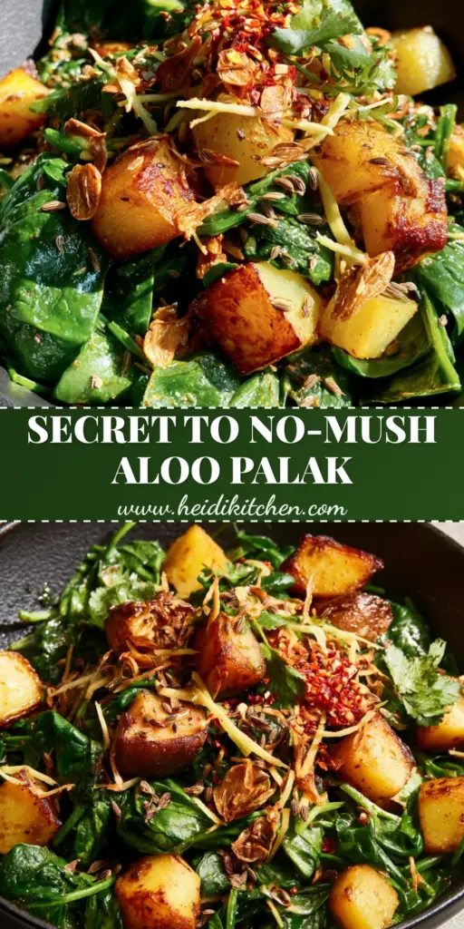Aloo Palak: The Ultimate Garlic-Infused Indian Spinach and Potatoes 4 A top-down view of Garlic Aloo Palak in a cast iron pan featuring crispy golden potatoes and vibrant green spinach.