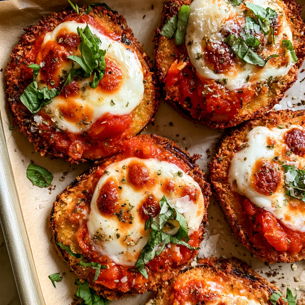 Baked Eggplant Parmesan with Crispy Panko and Bubbly Mozzarella 1 Baked Eggplant Parmesan rounds on a baking sheet with charred mozzarella spots and hand-torn basil leaves.