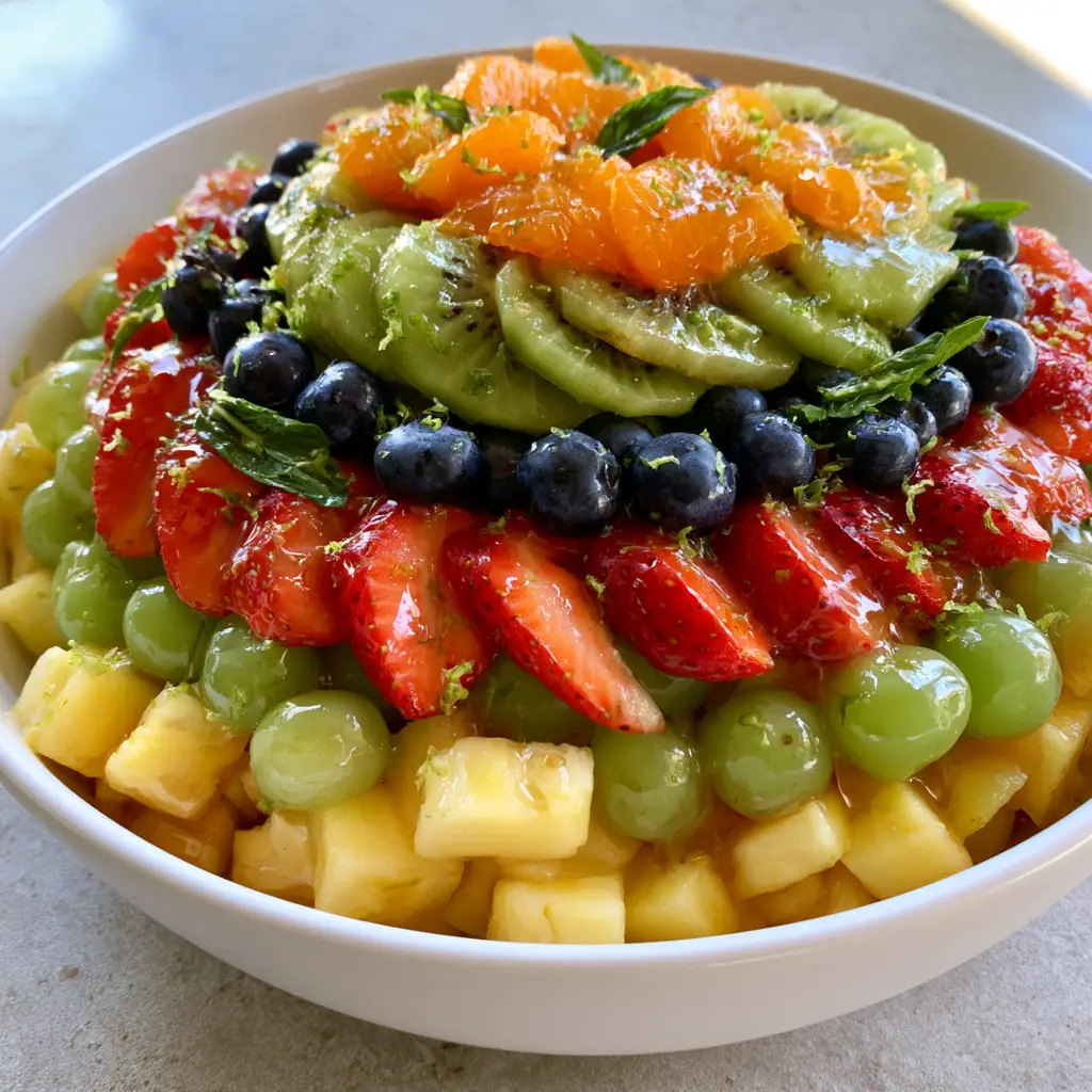 Overhead view of a vibrant rainbow fruit salad in a white bowl showing pineapple, kiwi, and strawberries. (fruit salad recipes)