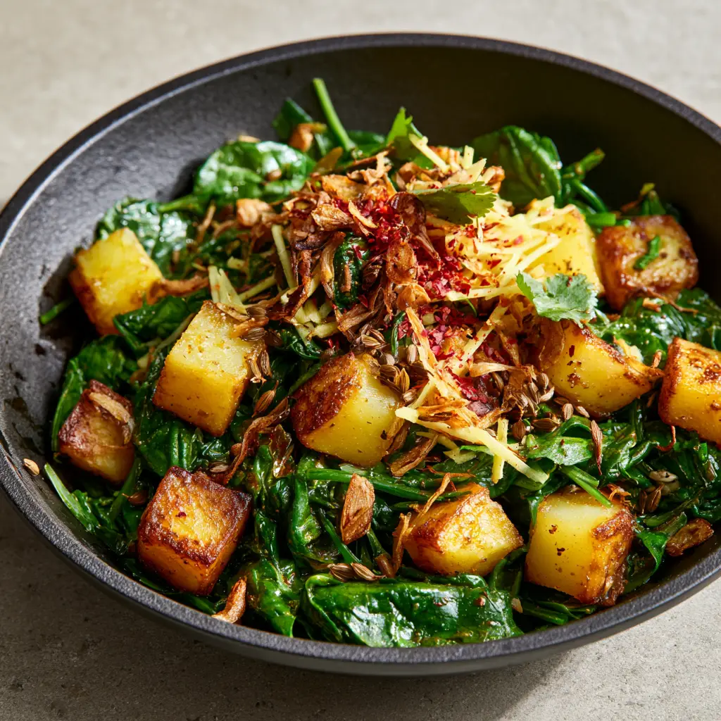 Aloo Palak: The Ultimate Garlic-Infused Indian Spinach and Potatoes 2 Close-up of Aloo Palak showing toasted garlic slivers and pan-seared Yukon Gold potato cubes.