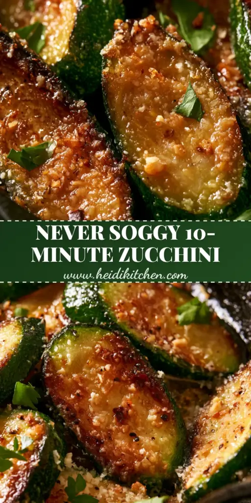 Sauteed Zucchini with Garlic Butter and Crispy Parmesan 3 A vertical Pinterest pin showing sauteed zucchini half-moons with a golden crust, melted garlic butter, and toasted parmesan cheese in a cast iron skillet.
