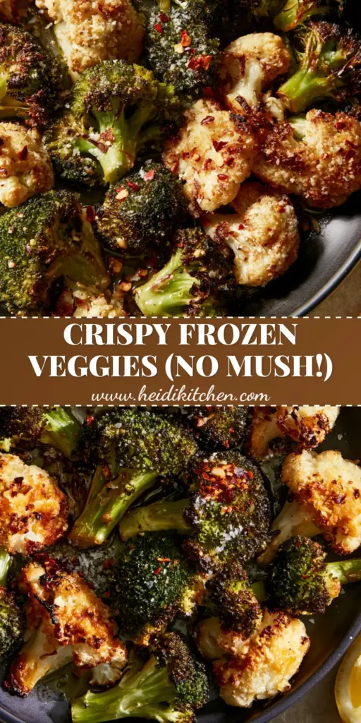 Roasted Frozen Vegetables with Crispy Parmesan and Garlic 3 A vertical Pinterest-optimized shot of roasted frozen vegetables showing charred broccoli and cauliflower with a crispy parmesan crust.