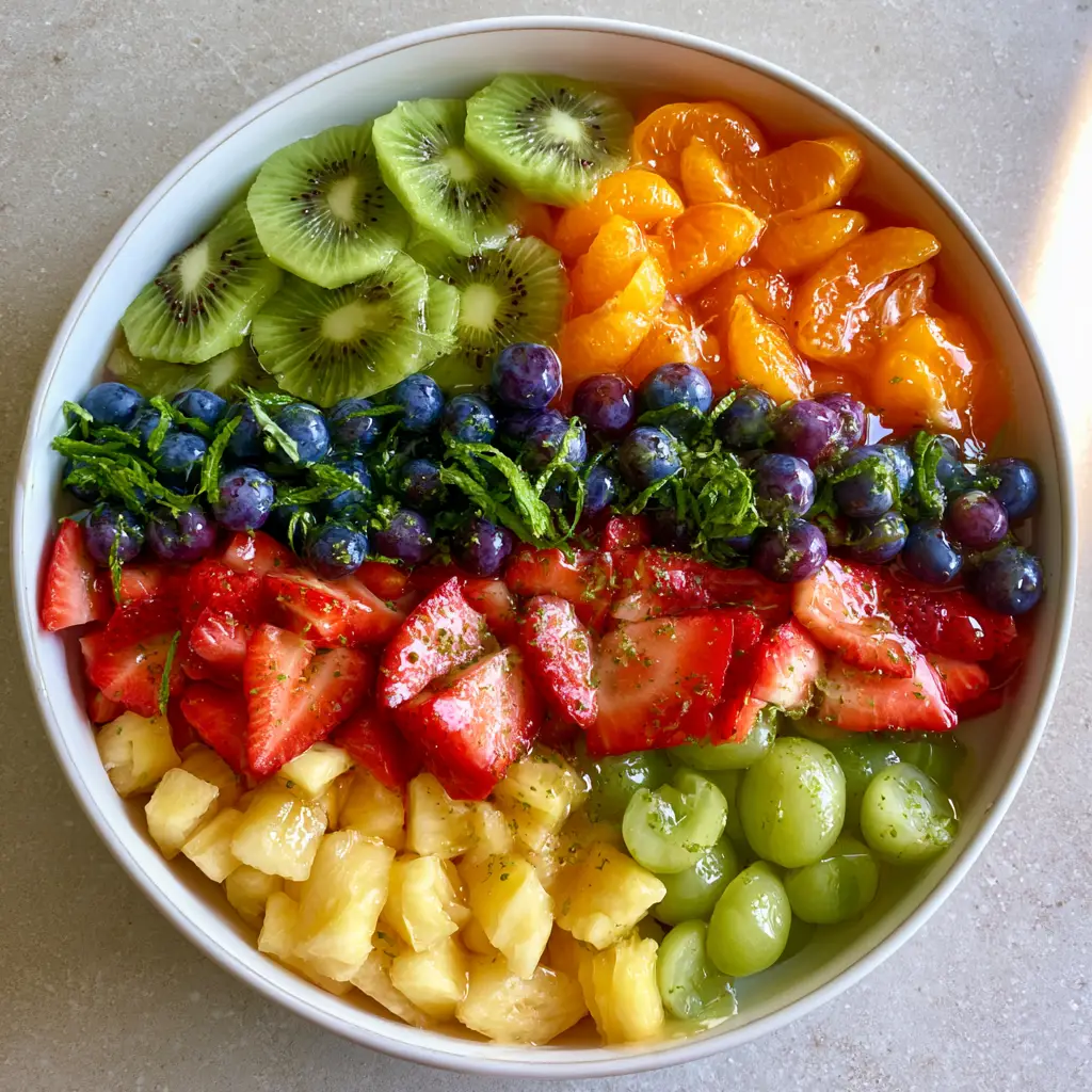 fruit salad recipes: The Ultimate Rainbow Honey-Lime Bowl 1 Close-up of glossy mandarin oranges and kiwi rounds coated in a translucent honey-lime glaze.