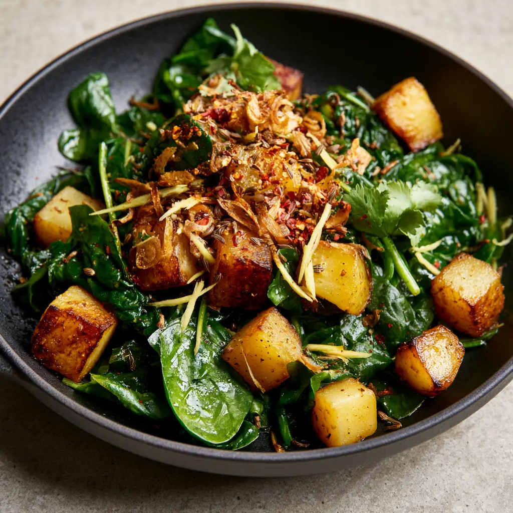 Aloo Palak: The Ultimate Garlic-Infused Indian Spinach and Potatoes 1 Vibrant emerald-green wilted spinach leaves mixed with spices and golden potatoes in a matte black pan.