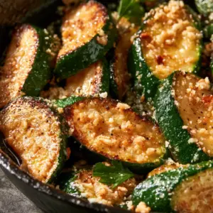 Extreme macro close-up of thick-cut sauteed zucchini being seared in a cast iron pan with visible golden crust and garlic bits.