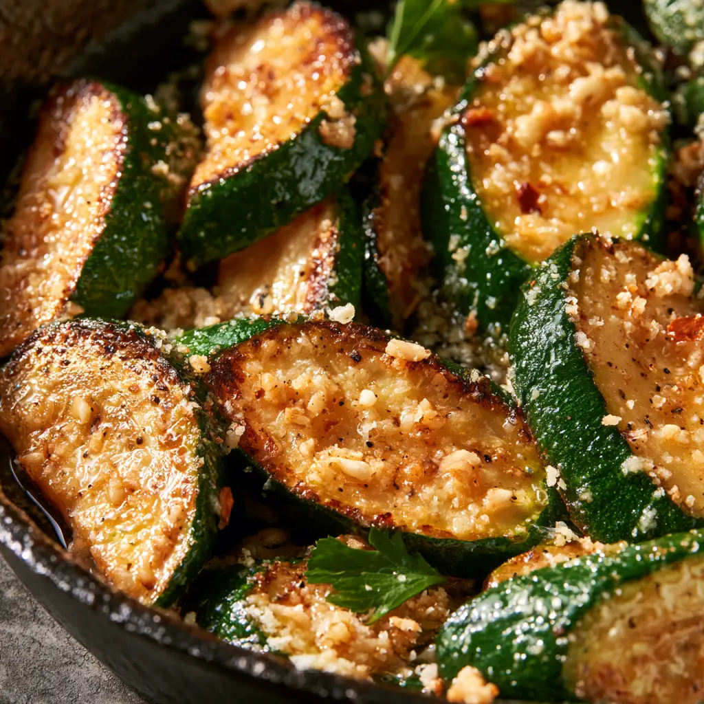 Sauteed Zucchini with Garlic Butter and Crispy Parmesan 2 Extreme macro close-up of thick-cut sauteed zucchini being seared in a cast iron pan with visible golden crust and garlic bits.