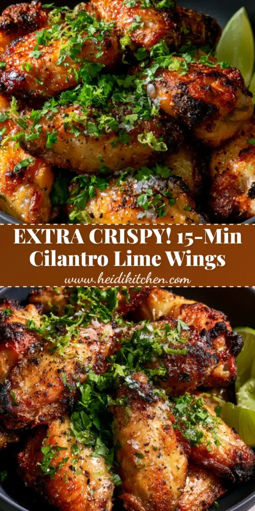 A close-up pile of extra crispy Cilantro Lime Chicken Wings with charred skin and a shimmering honey glaze in a matte black bowl.