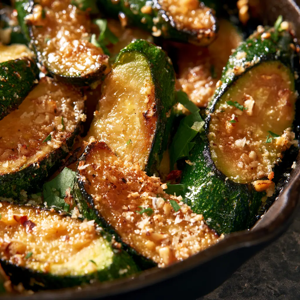 Sauteed Zucchini with Garlic Butter and Crispy Parmesan 1 Sizzling sauteed zucchini coated in melted garlic butter and topped with crispy parmesan and red chili flakes.