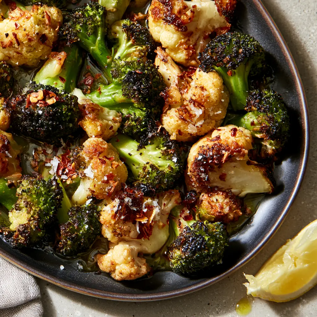 Roasted Frozen Vegetables with Crispy Parmesan and Garlic 1 Detailed texture of roasted frozen vegetables featuring glistening olive oil and red chili flakes.