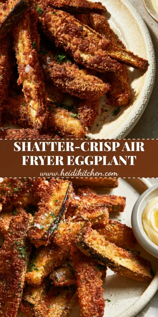 Air Fryer Eggplant Fries with Creamy Garlic Aioli 3 A tall heap of extra crispy Air Fryer Eggplant batons with golden panko breading, served with garlic aioli on a cream plate.