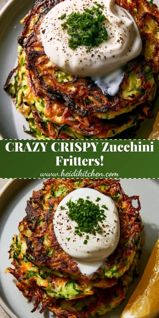 Zucchini Fritters With Lacy Parmesan Edges and Sour Cream 4 A stack of three crispy Zucchini Fritters topped with a melting dollop of sour cream, fresh chives, and cracked pepper on a gray plate with a lemon wedge.