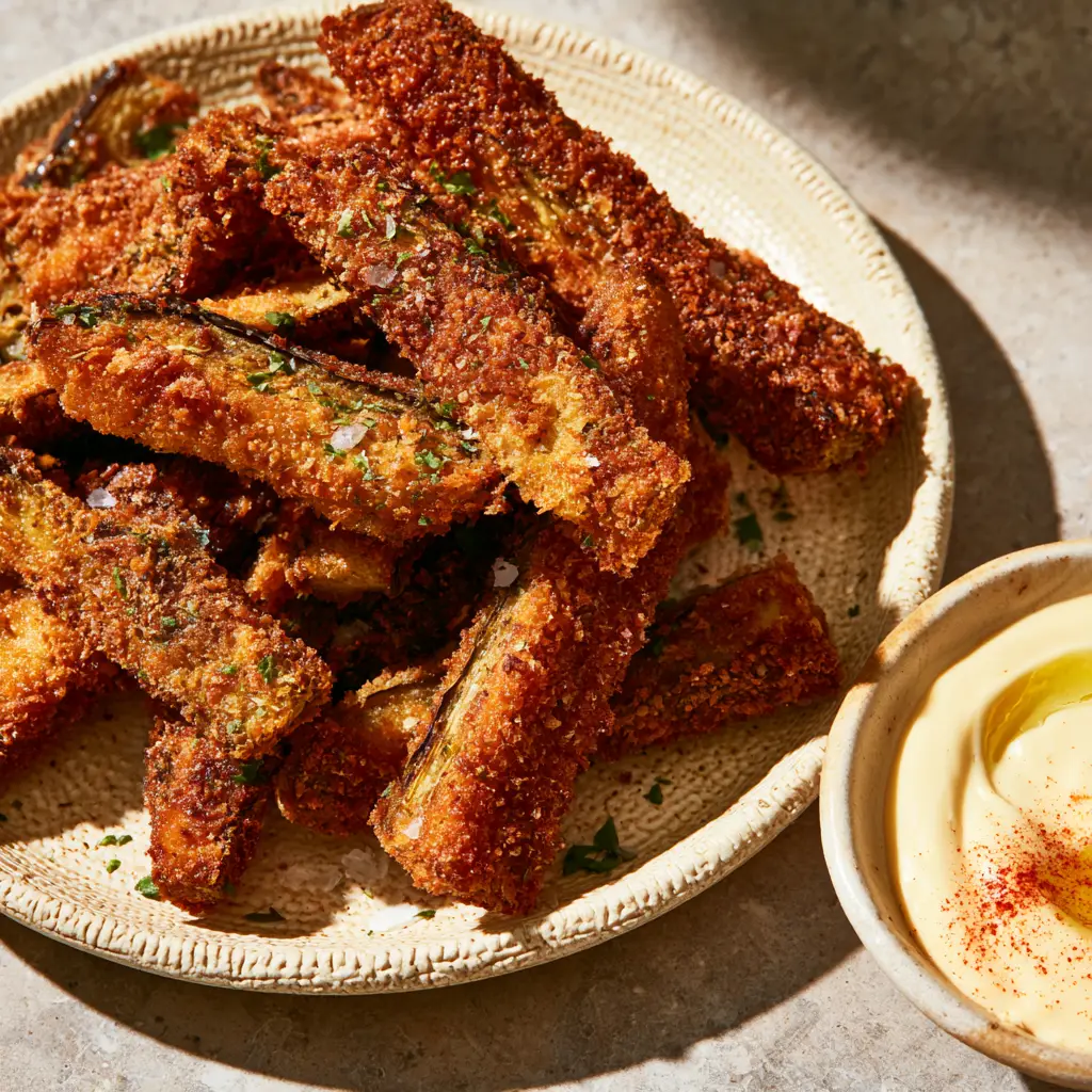 Air Fryer Eggplant Fries with Creamy Garlic Aioli 2 Close-up shot of golden-brown panko breaded Air Fryer Eggplant fries showing the craggy, crunchy texture and parsley flakes.