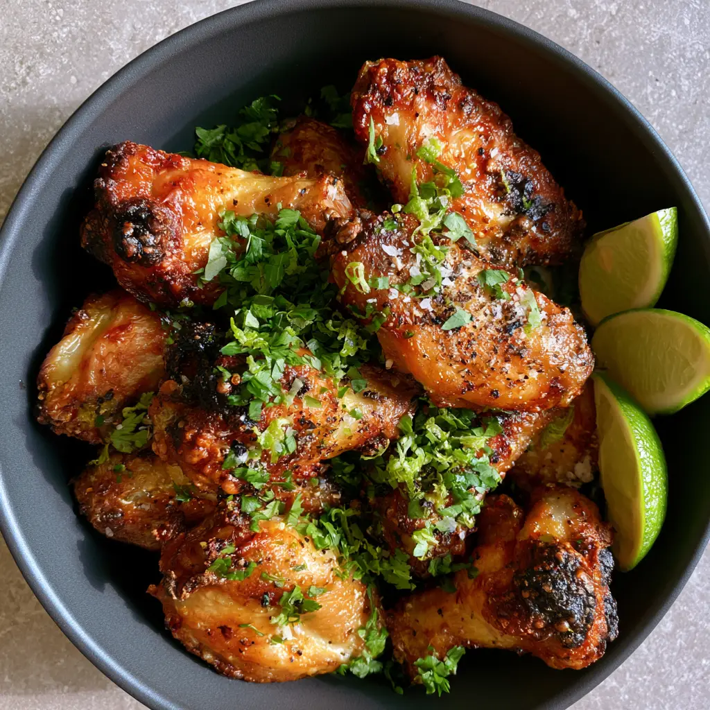 Close up of charred edges and shimmering glaze on Cilantro Lime Chicken Wings garnished with fresh cilantro.