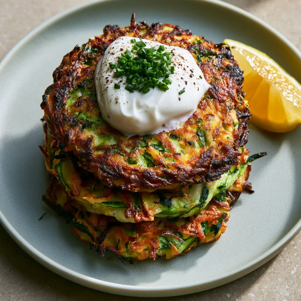 Macro top-down view of Zucchini Fritters showing lacy fried parmesan edges and bright green zucchini shreds.
