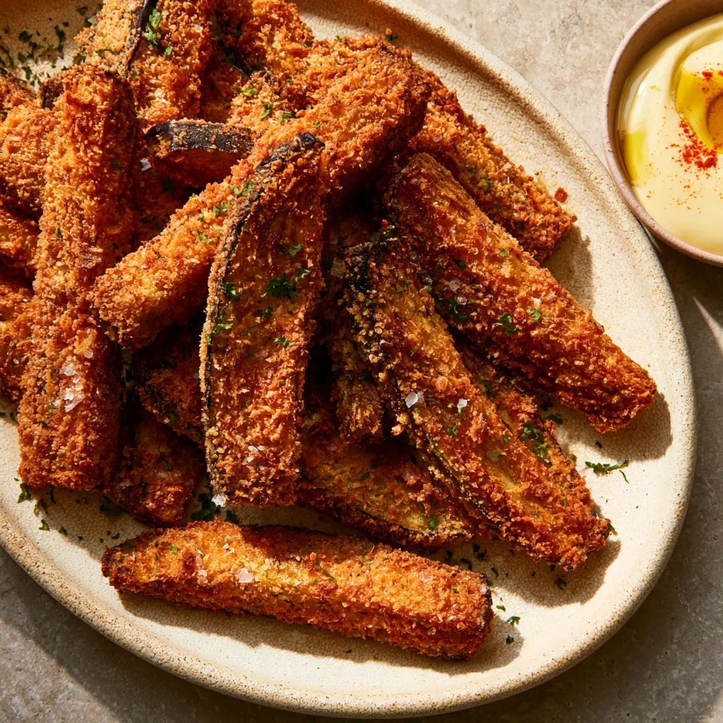 Air Fryer Eggplant Fries with Creamy Garlic Aioli 1 High-angle view of a plate of eggplant fries next to a bowl of garlic aioli with an olive oil swirl and paprika.