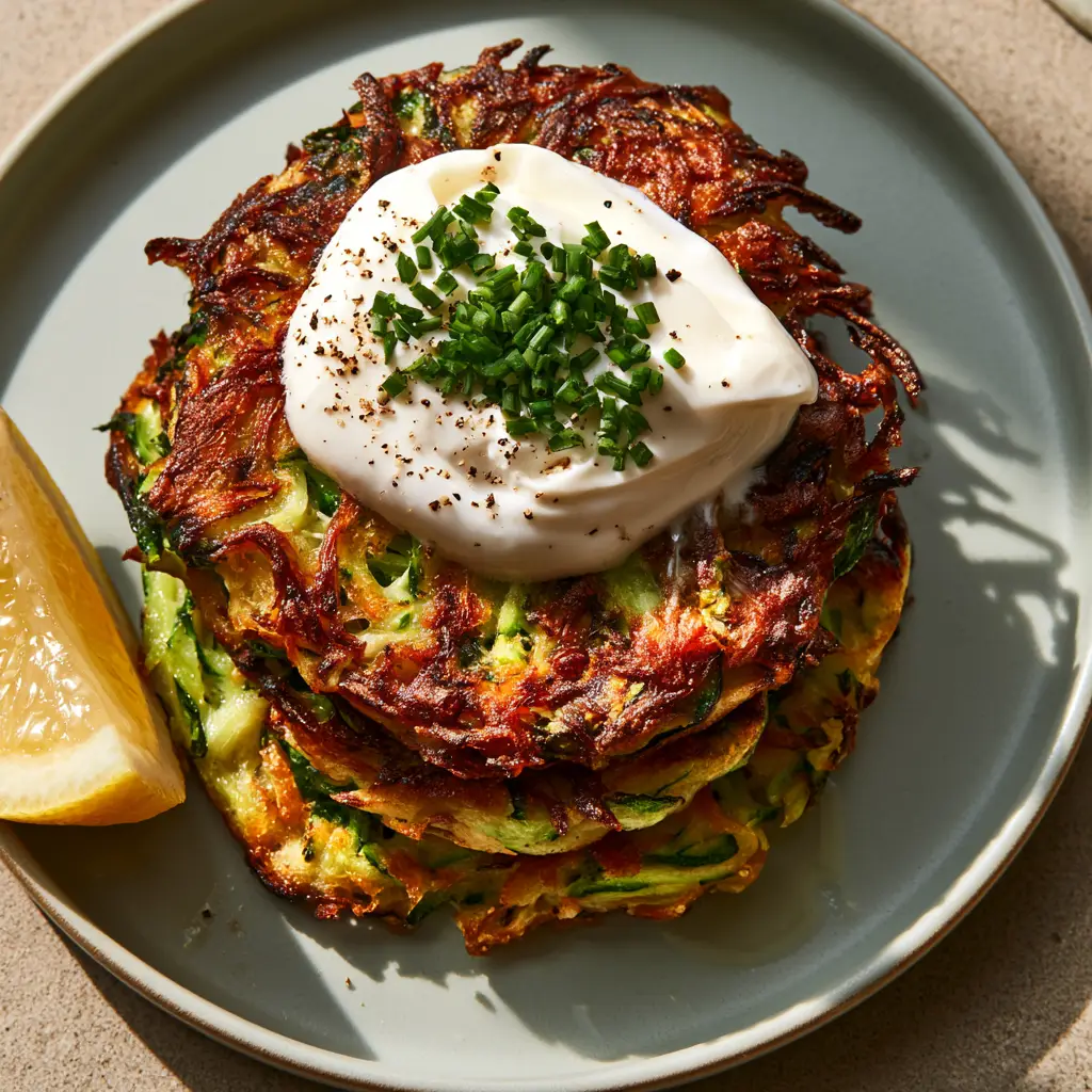 Zucchini Fritters With Lacy Parmesan Edges and Sour Cream 1 Close up of Zucchini Fritters with a thick sour cream dollop and fresh lemon wedge on a matte gray ceramic plate.
