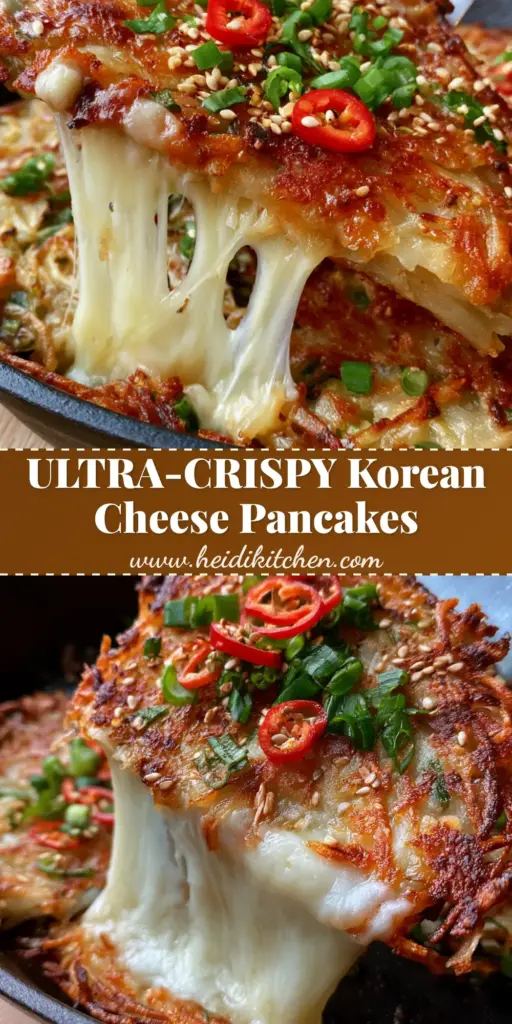 A massive 10-inch mozzarella cheese pull from a crispy Korean Cheese Potato Pancake in a cast iron skillet.
