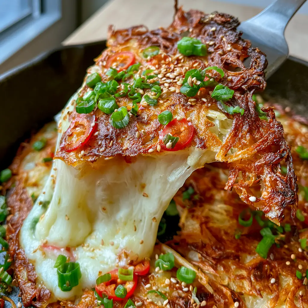 A metal spatula lifting a slice of Korean Cheese Potato Pancake from a black skillet showing the molten cheese core.