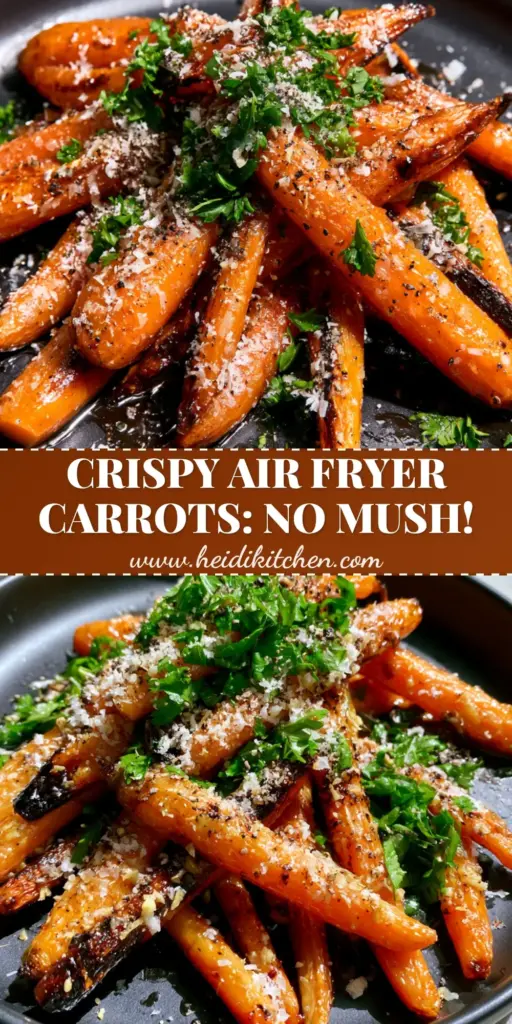 air fryer roasted carrots with Honey Balsamic and Parmesan 4 A heap of glistening air fryer roasted carrots with charred tips and snowy parmesan cheese on a black plate.
