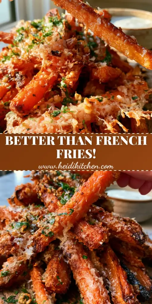 A close-up vertical shot of crispy parmesan carrots showing jagged cheese crusts and green parsley flakes. (crispy parmesan carrots)