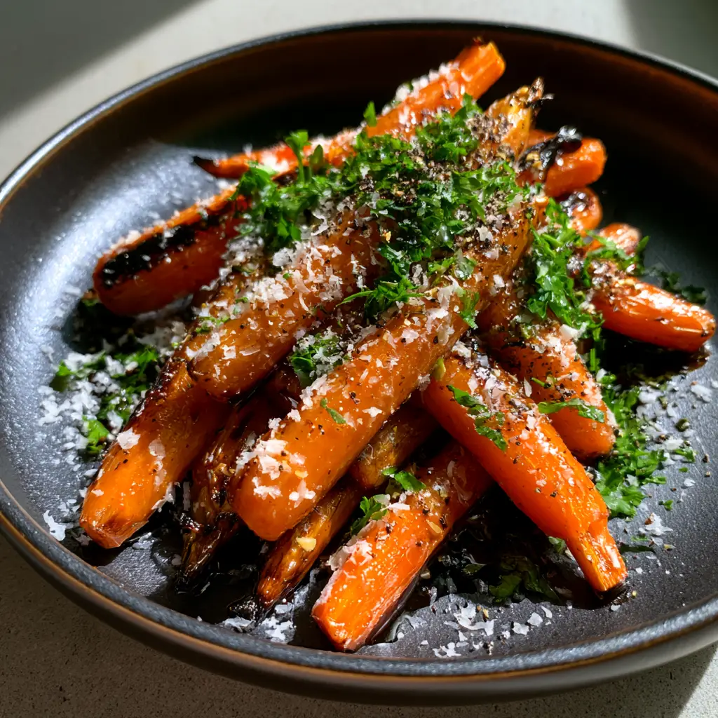 air fryer roasted carrots with Honey Balsamic and Parmesan 2 Close up of charred tips and blistered orange skin of air fryer roasted carrots.