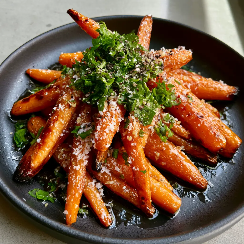 air fryer roasted carrots with Honey Balsamic and Parmesan 1 Glistening honey balsamic glaze on air fryer roasted carrots with parsley and parmesan.