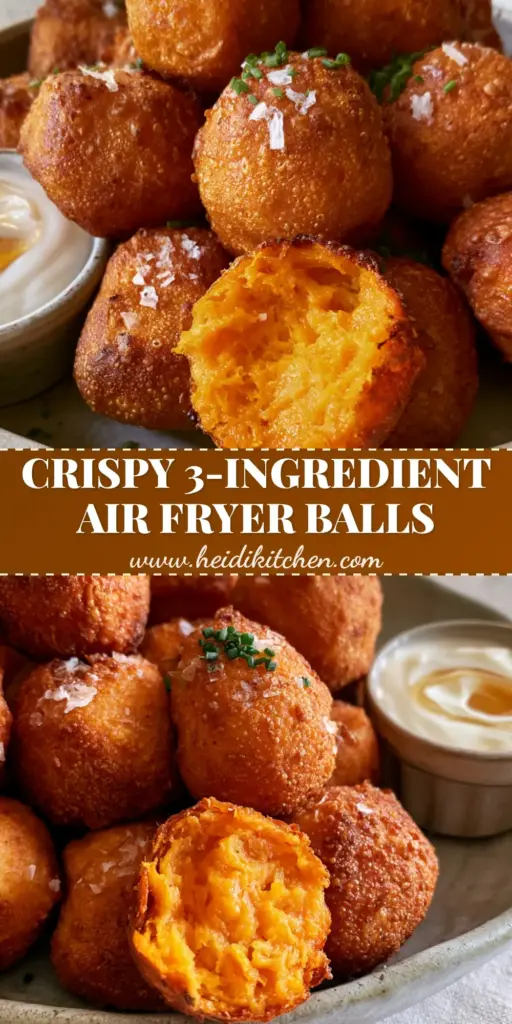 A pile of golden-brown air-fried sweet potato balls with one broken open to show the fluffy orange interior, served with honey-swirled yogurt dip.