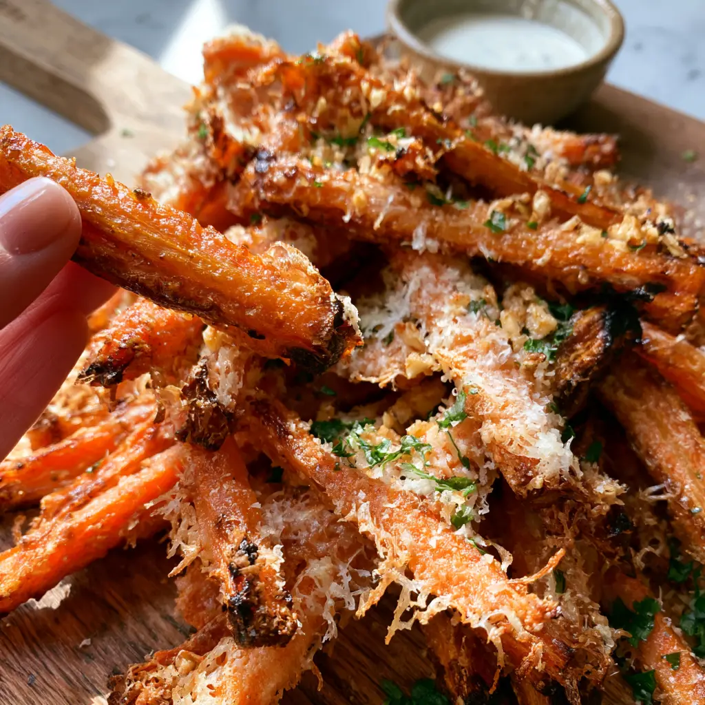 A hand picking up one crispy parmesan carrot baton showing the crunchy texture and golden garlic toppings.