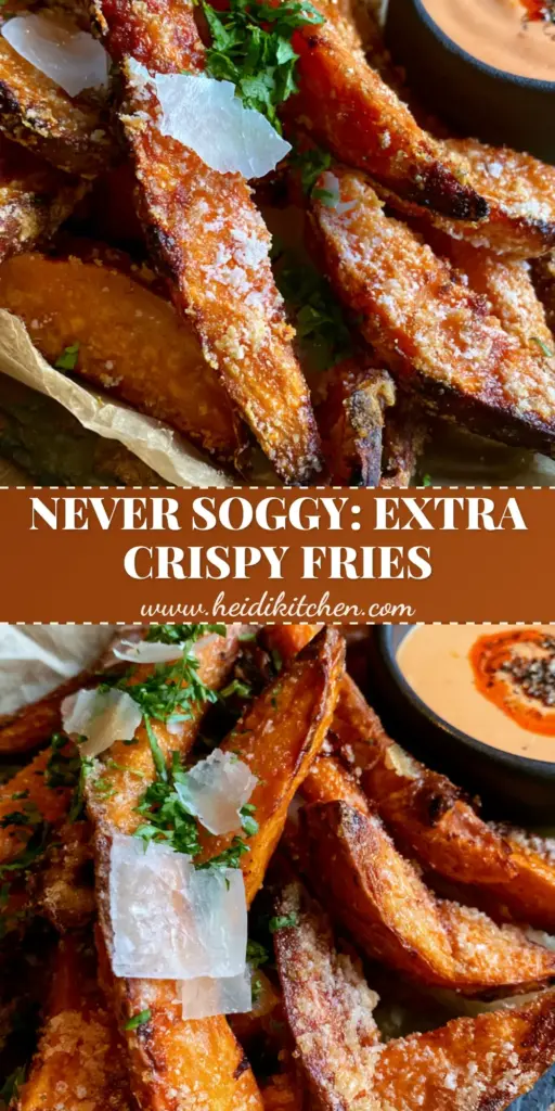 Oven Baked Sweet Potato Fries with a Crispy Parmesan Crust 3 A close-up of crispy oven baked sweet potato fries with a parmesan crust and flaky sea salt on a slate tray.