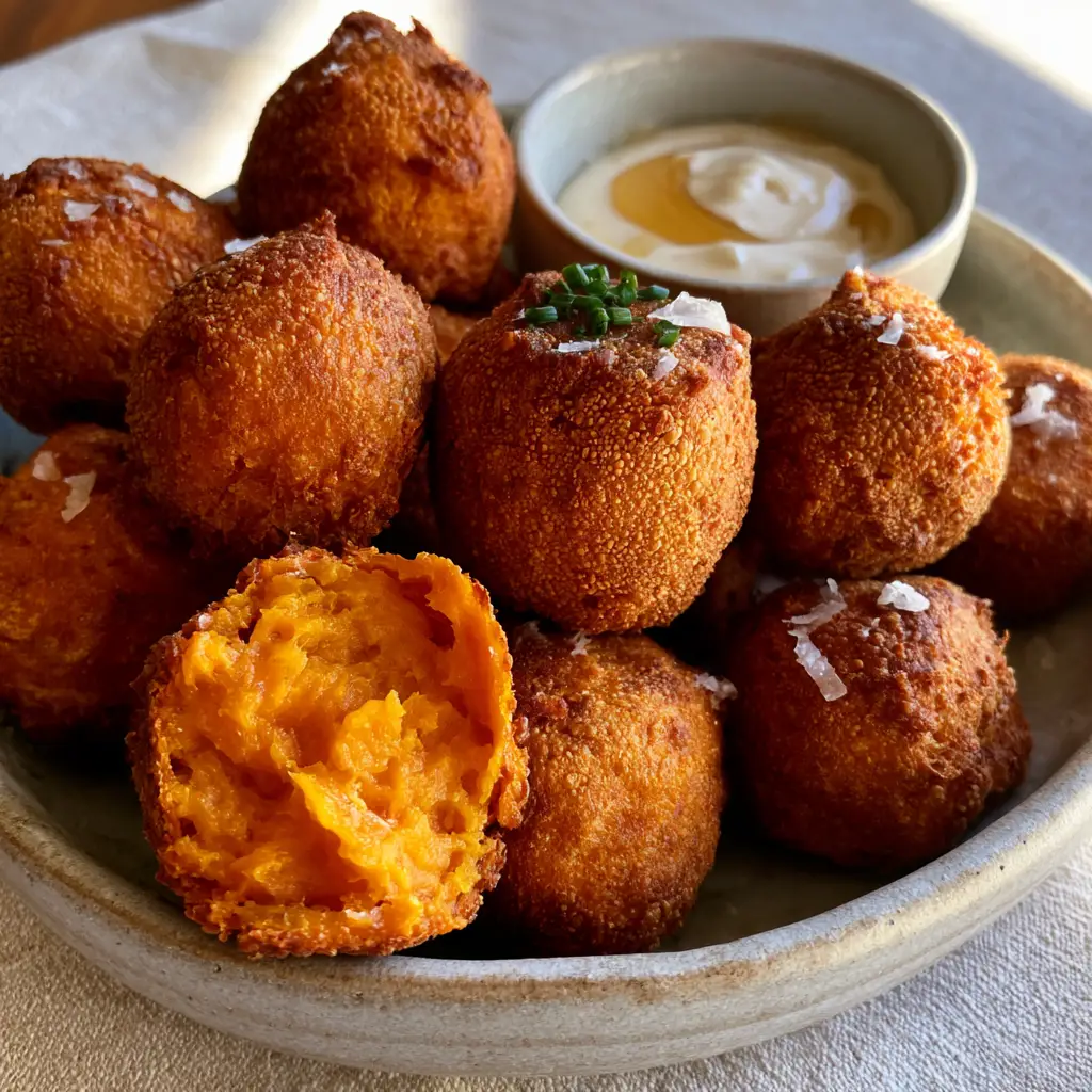 Macro handheld photo of crispy Sweet potato balls with micro-bubbled texture and Maldon sea salt flakes.