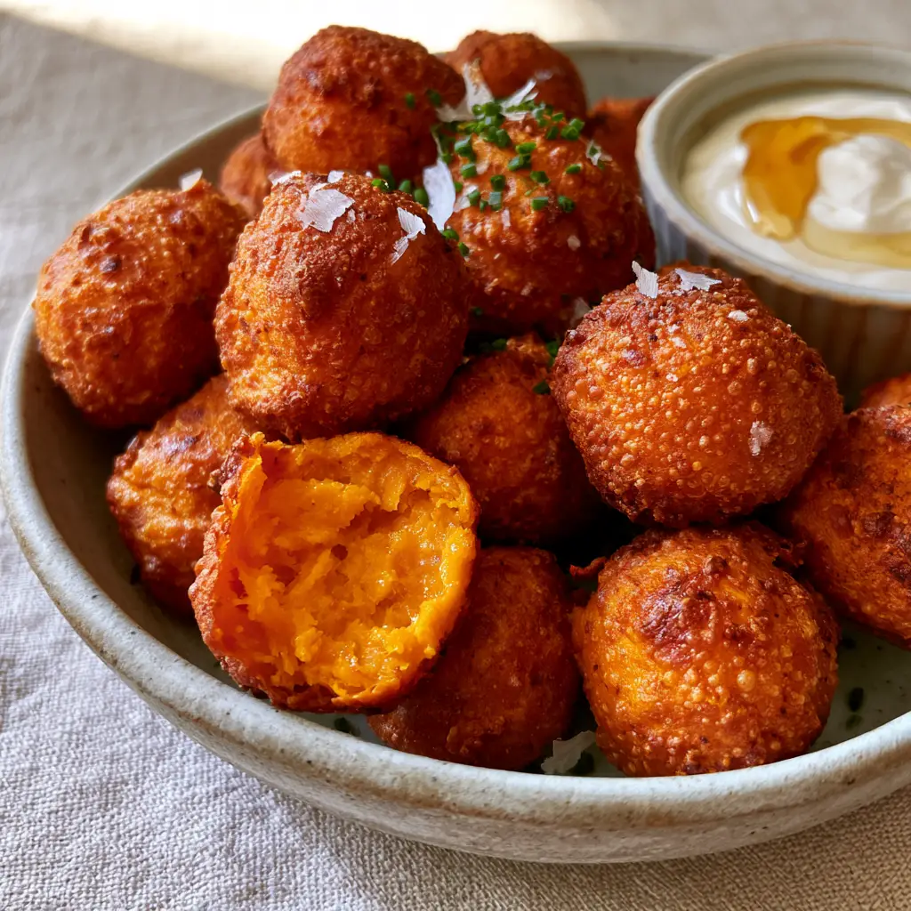 Close up of a Sweet potato ball broken open to reveal a steaming vibrant orange interior.