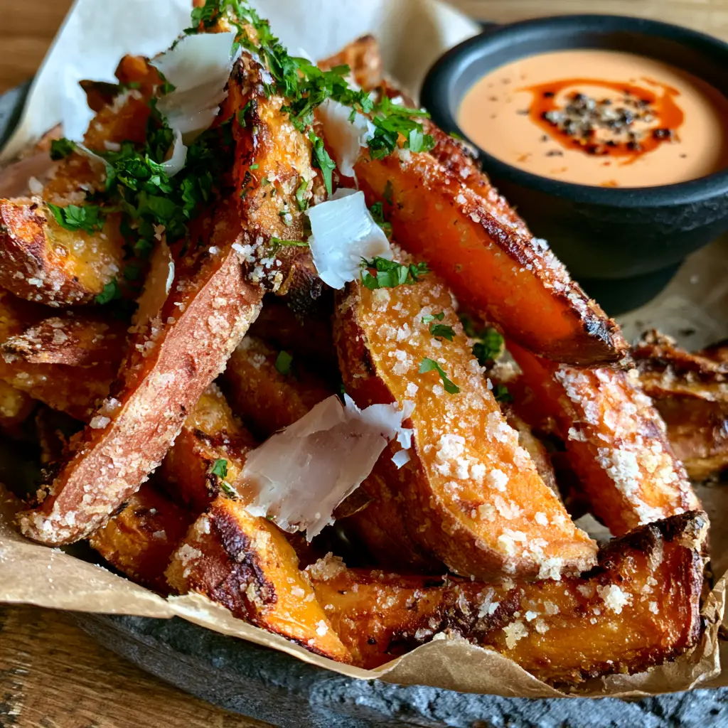 Macro view of oven baked sweet potato fries showing the tactile cornstarch and parmesan crust texture.