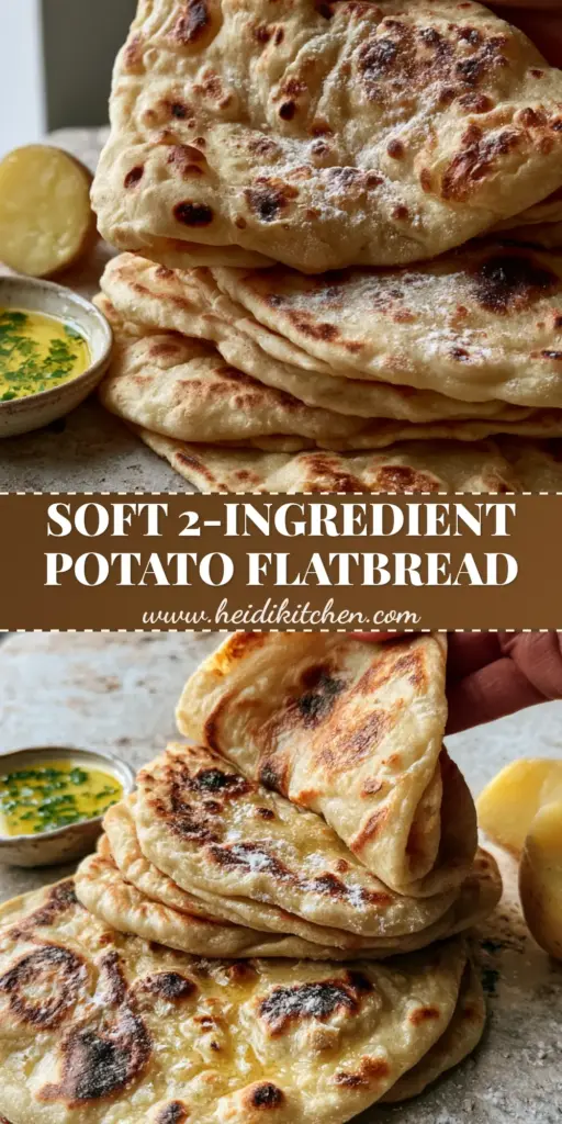 A handheld stack of warm, flexible Potato Flatbread with charred bubbles and fresh parsley on a stone background.
