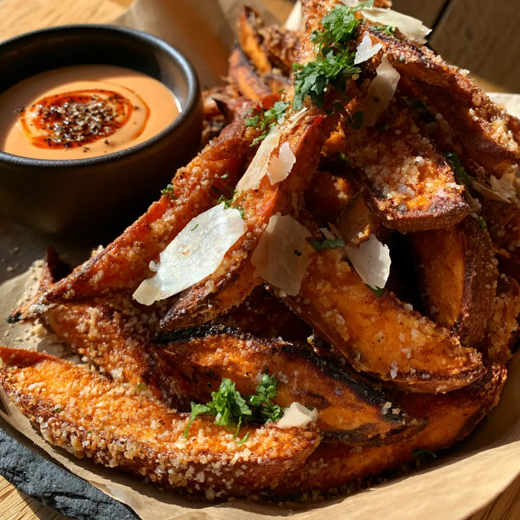 Oven Baked Sweet Potato Fries with a Crispy Parmesan Crust 1 Thick-cut oven baked sweet potato fries with charred edges served with a chipotle aioli swirl.
