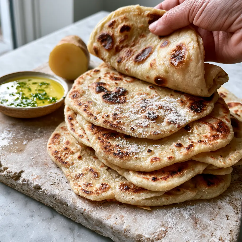 A stack of pillowy Potato Flatbread showing golden-brown leopard spotting and a light dusting of white flour.