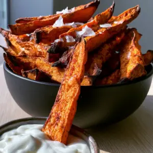 A smartphone photo of extra crispy air-fried sweet potato fries stacked in a matte black bowl. (sweet potato recipes)
