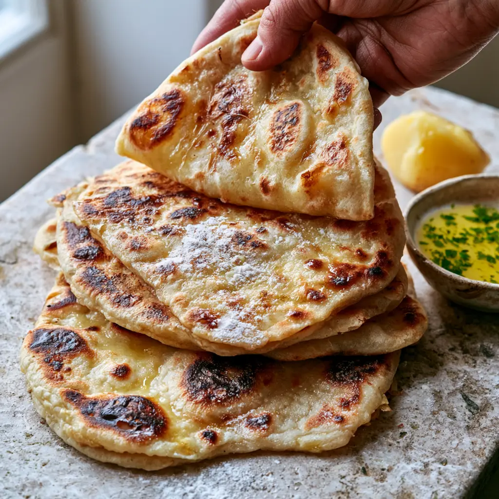Hand folding a soft Potato Flatbread to demonstrate flexibility alongside melted butter and boiled potato halves.