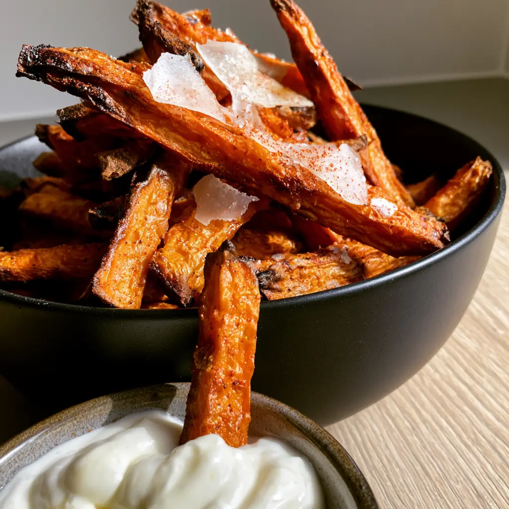 A close-up of a sweet potato wedge being dipped into creamy white garlic aioli.