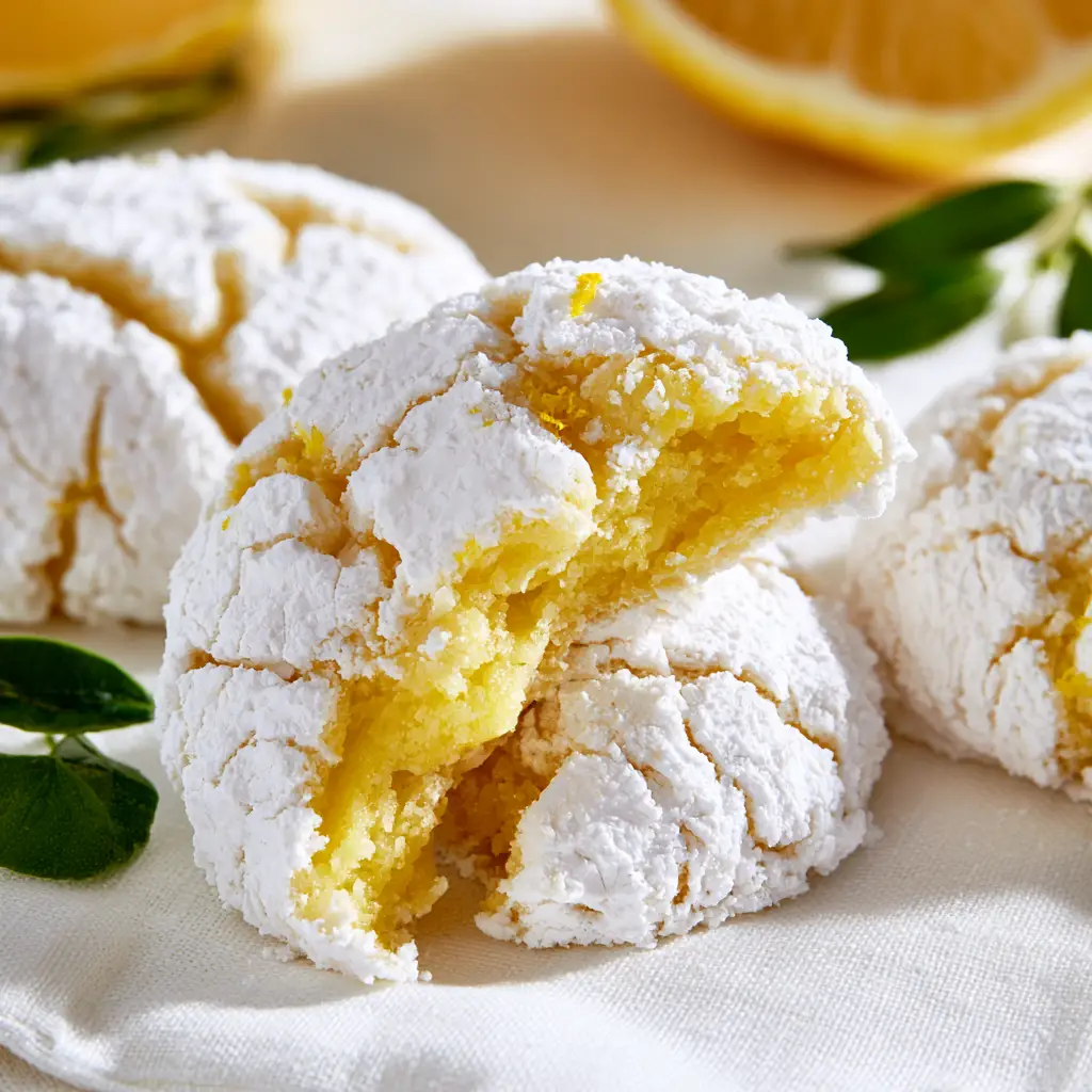 Macro shot of a Lemon Crinkle Cookie broken open to show a moist sunshine-yellow interior crumb.