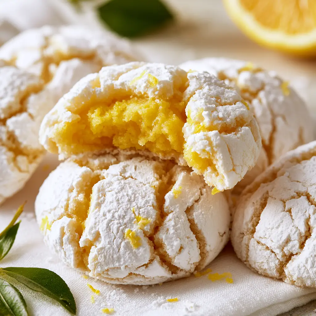 Lemon Crinkle Cookies: Soft, Zesty, and Perfectly Crackled 1 Close up of the thick non-melting powdered sugar crust and deep fissures on Lemon Crinkle Cookies.