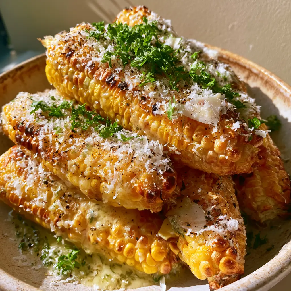 Extreme macro shot of charred sweet corn kernels with glistening garlic butter and melted parmesan flakes. (garlic parmesan corn)