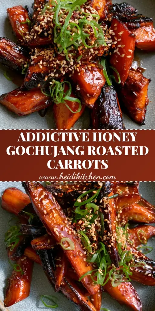 A close-up shot of gochujang roasted carrots with a sticky honey glaze, charred skin, and green scallions on a grey plate.