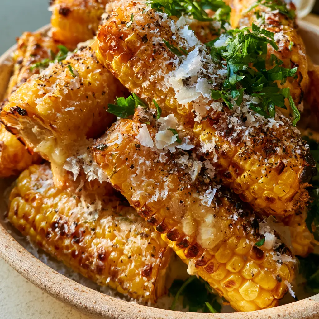 Handheld photo of corn on the cob topped with a heavy snow-like coating of parmesan and red chili flakes.