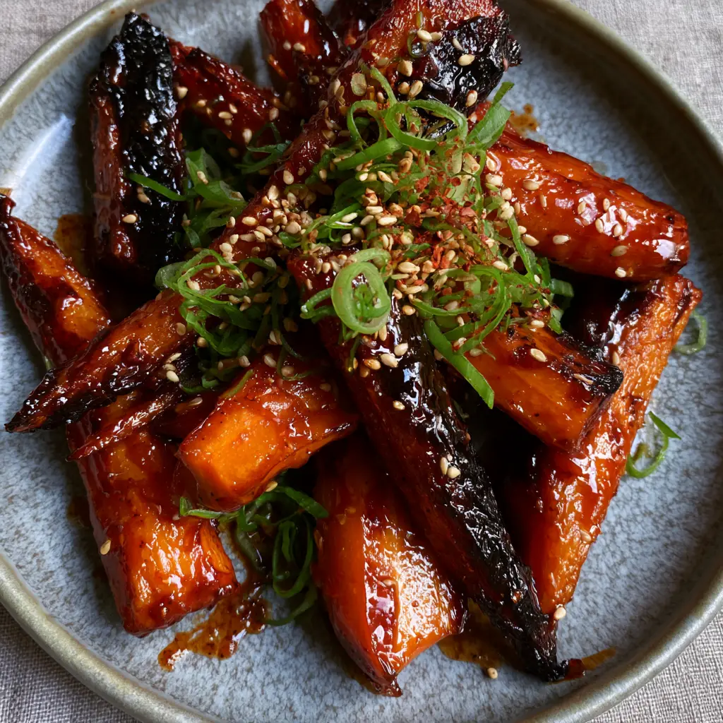 Top-down macro photo of glossy gochujang roasted carrots garnished with sesame seeds and scallions.