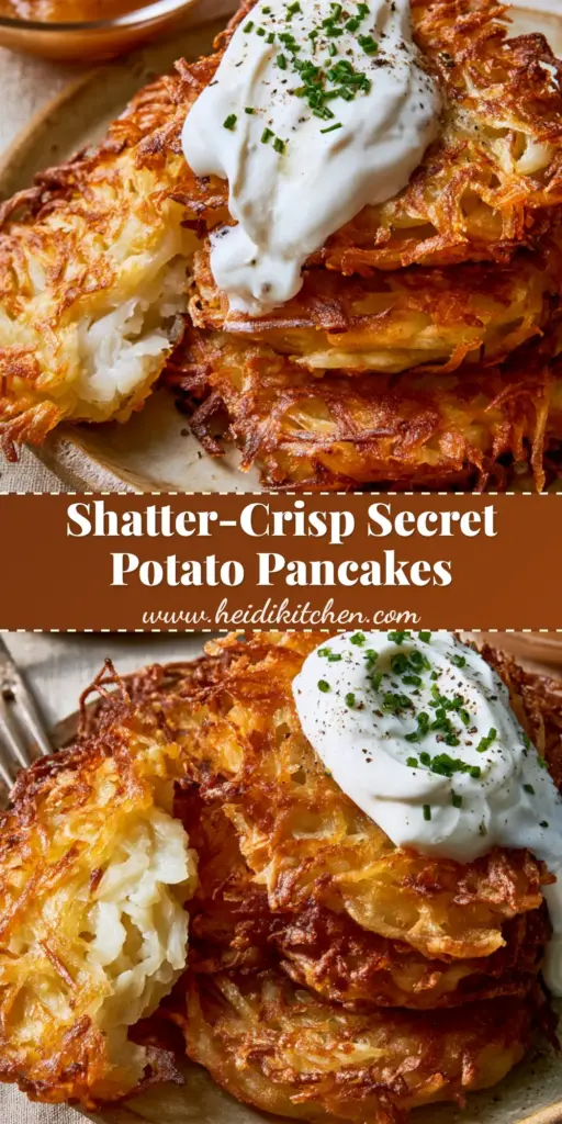 Potato Pancakes: The Secret to Ultra-Crispy Jagged Edges 4 A tall stack of crispy potato pancakes with jagged edges topped with sour cream and chives on a ceramic plate.
