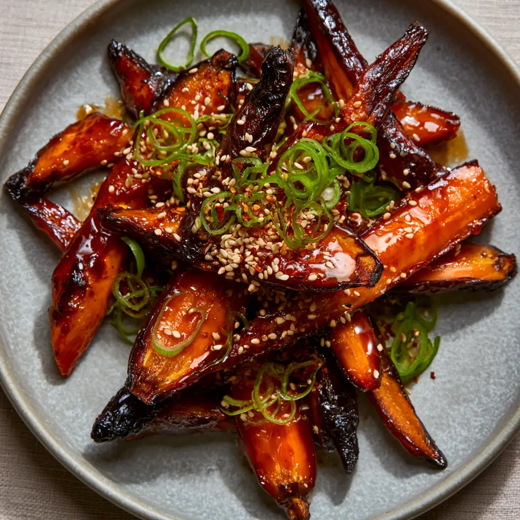 Roasted heirloom carrots with charred edges and a reddish-brown gochujang glaze.