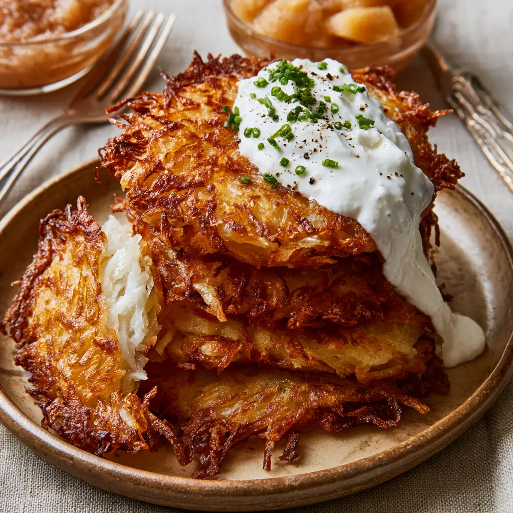 Close up of golden brown potato pancakes showing the lacy and translucent jagged edges.