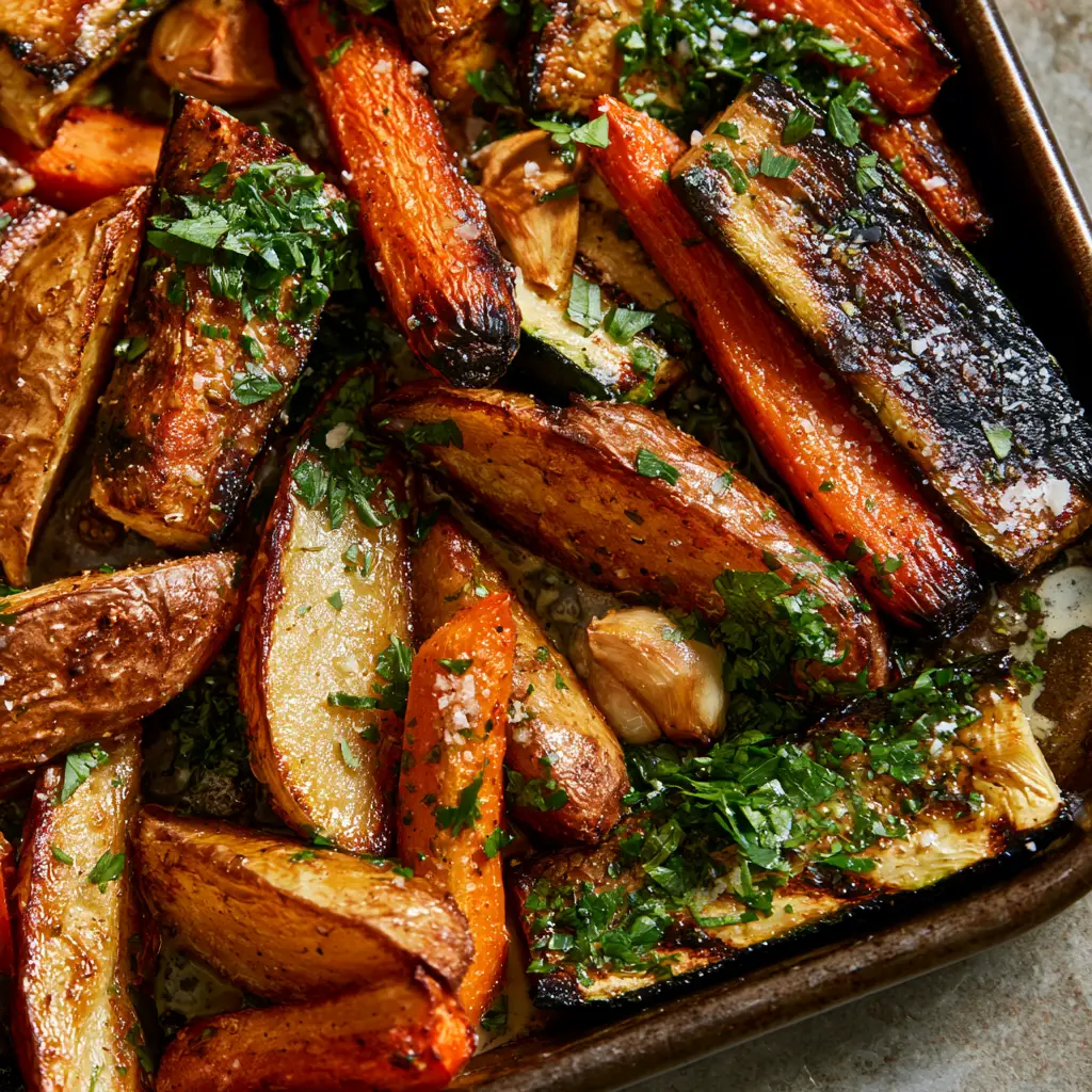 Top-down view of garlic herb roasted potatoes, carrots, and zucchini with visible sea salt flakes and fresh parsley.